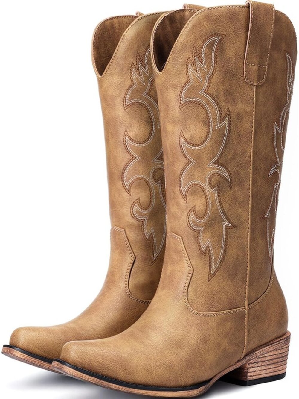Women's Tan/Brown Mid Calf Embroidered Western Pointed Toe Chunky Cowboy Boot
